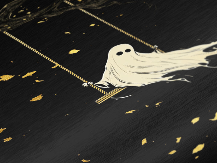 Lonely Ghost on Swing Metallic Gold Art Metal Art Spooky Haunted Wall Decor in Natural Wood Frame Gothic Halloween Season Print