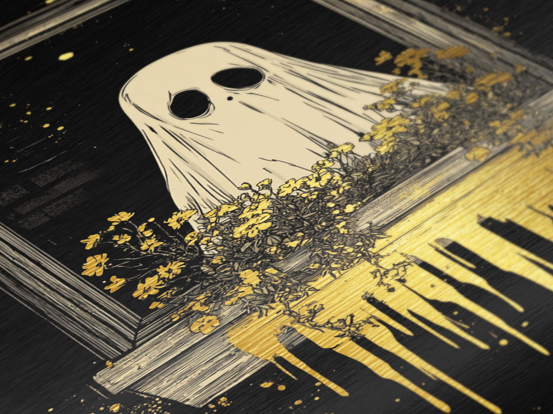 Ghost In Window With Flowers, Metallic Gold Art, Spooky Season Metal Art, Creepy Haunted Wall Print Framed in Natural Wood