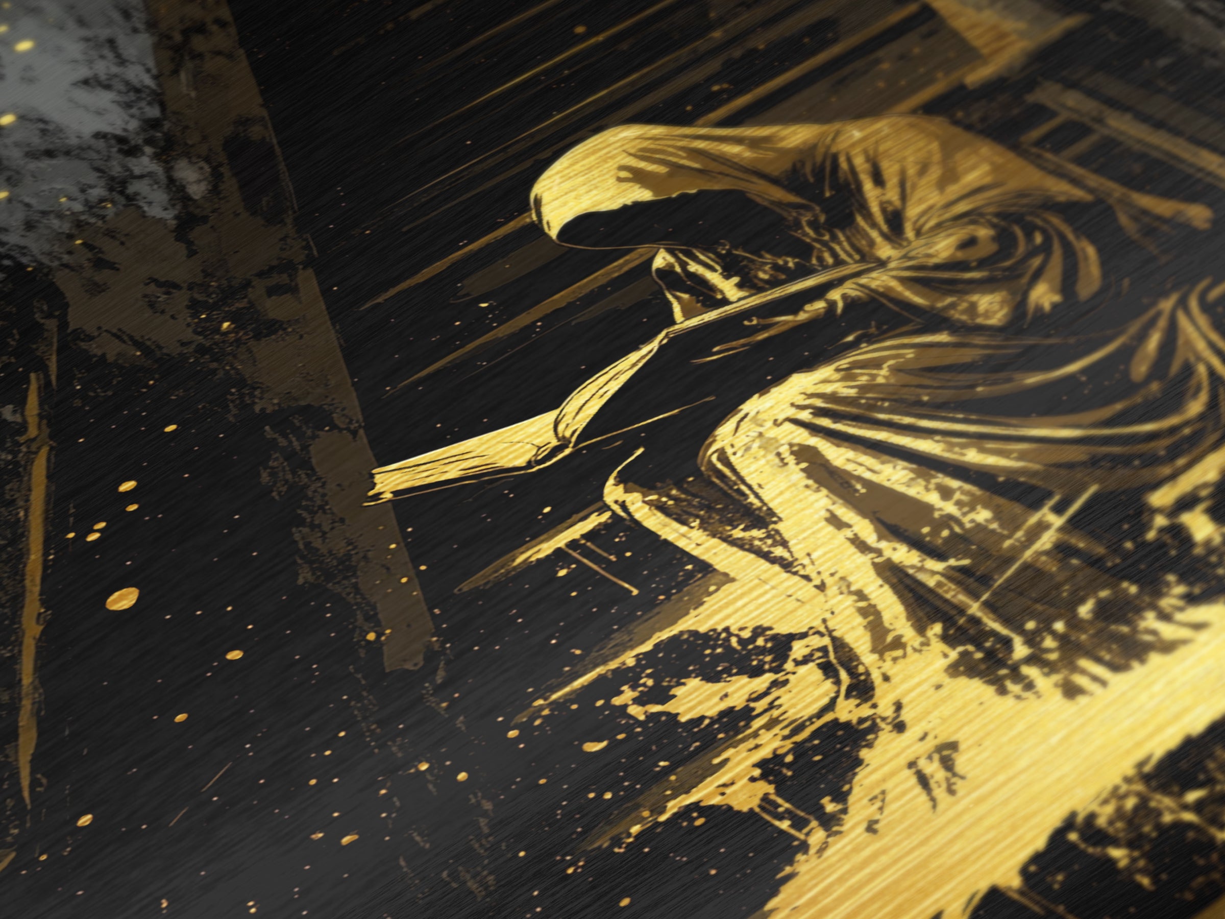 Hooded Reader On Stairs Metallic Gold Art, Haunted Gothic Metal Art, Spooky Horror Season Wall Décor with Real Wood Framing
