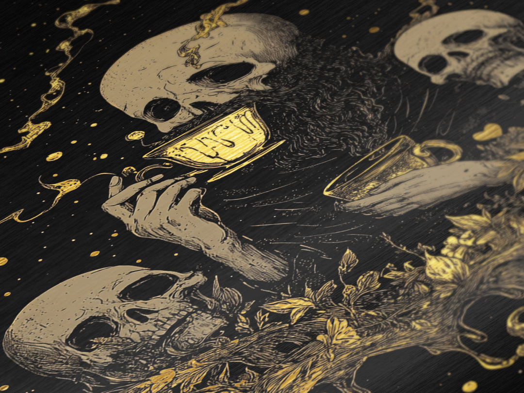 Gothic Skeleton Tea Party Metallic Gold Art | Spooky Skull Metal Art Framed In Natural Wood For Haunted Halloween Decor