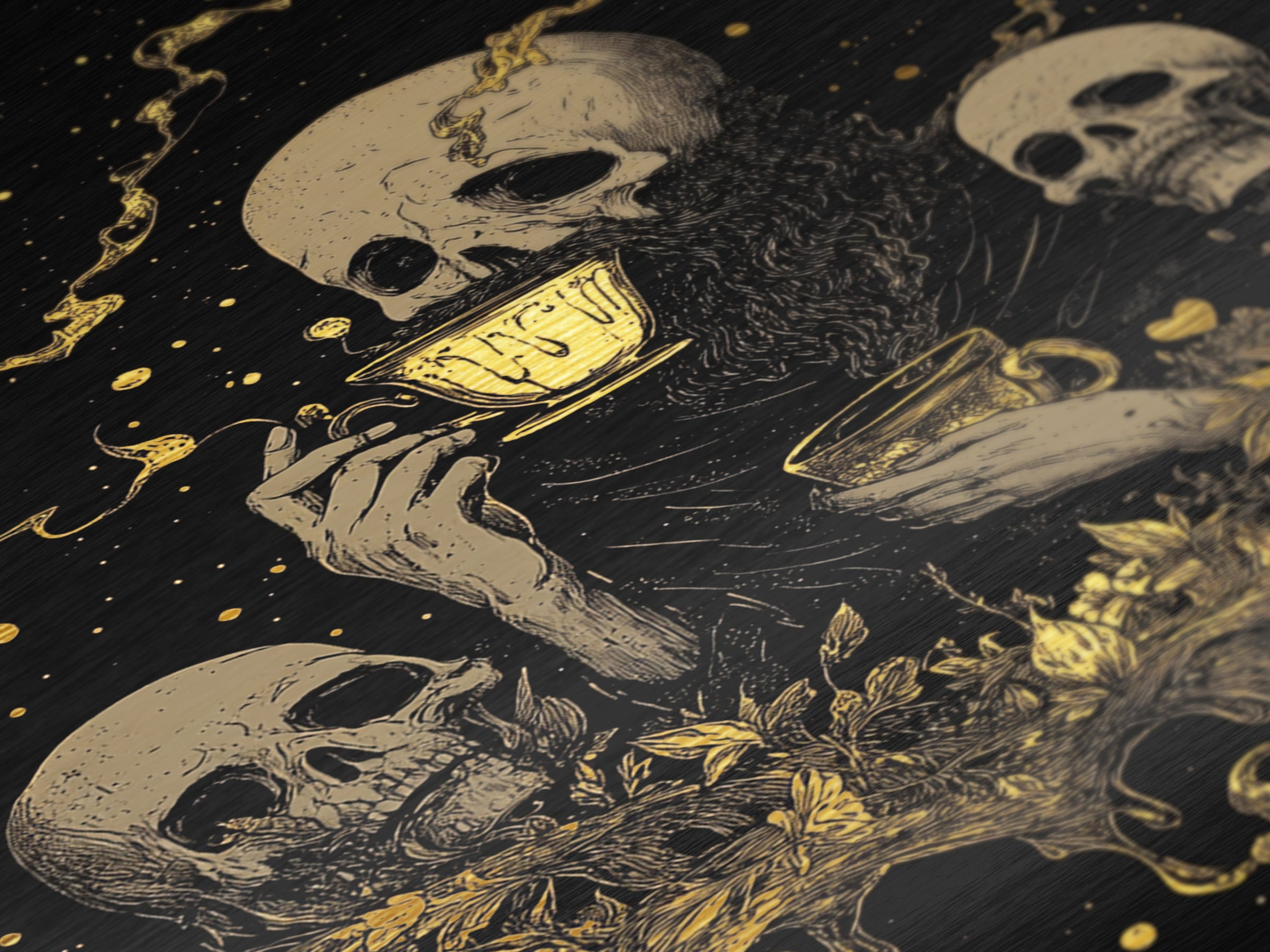 Gothic Skeleton Tea Party Metallic Gold Art | Spooky Skull Metal Art Framed In Natural Wood For Haunted Halloween Decor