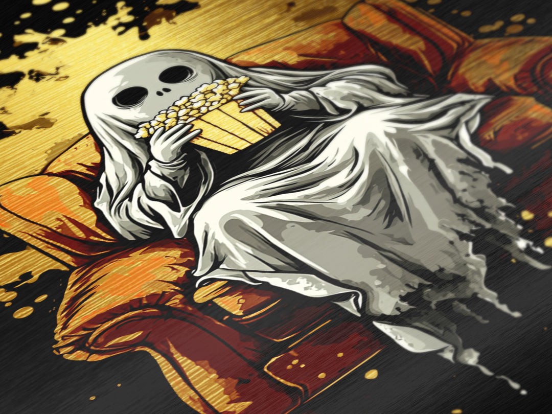 Cozy Ghost On Couch With Popcorn Metallic Gold Art | Spooky Movie Night Metal Art With Real Wood Frame For Halloween