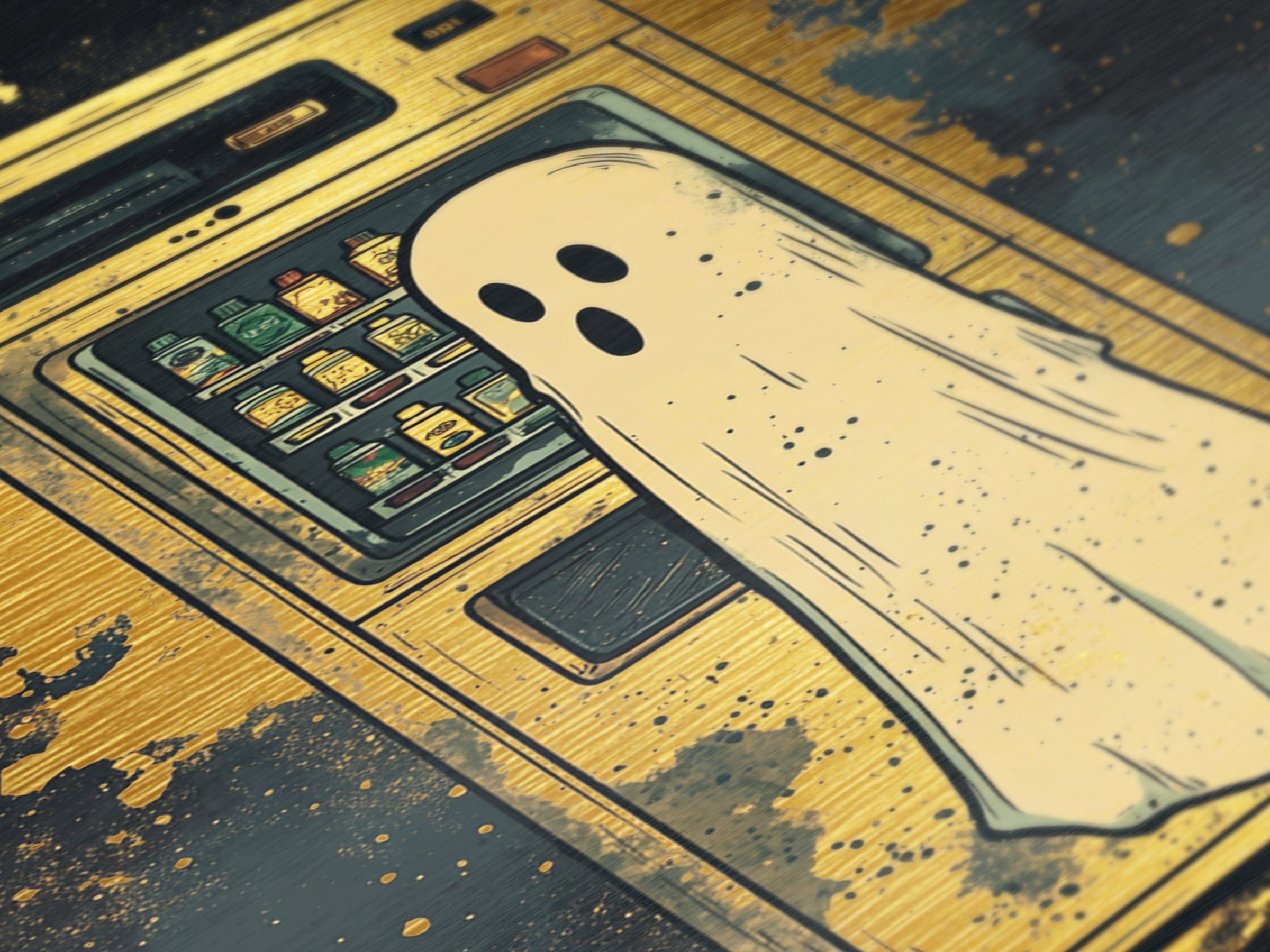 Ghost At Vending Machine Metallic Gold Art | Quirky Haunted Metal Art Spooky Season Wall Hanging In Real Wood Frame