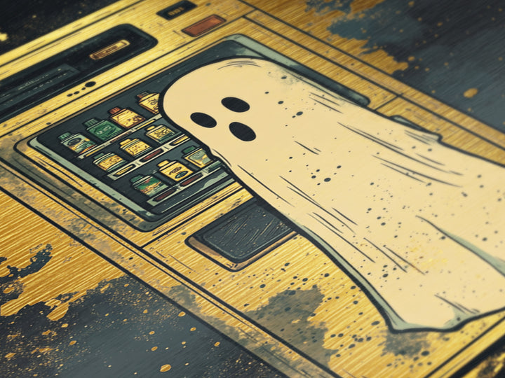 Ghost At Vending Machine Metallic Gold Art | Quirky Haunted Metal Art Spooky Season Wall Hanging In Real Wood Frame