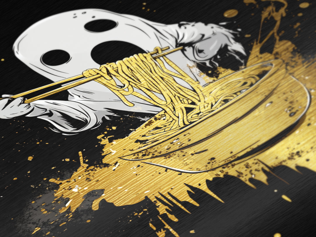 Creepy Ghost Eating Ramen Metallic Gold Art | Haunted Kitchen Metal Art Wall Decor With Real Wood Frame For Halloween