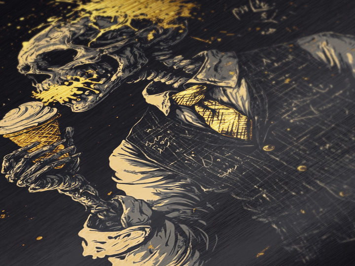 Skeleton with Ice Cream Metallic Gold Art, Creepy Metal Art Illustration Framed in Real Wood, Spooky Season Wall Décor