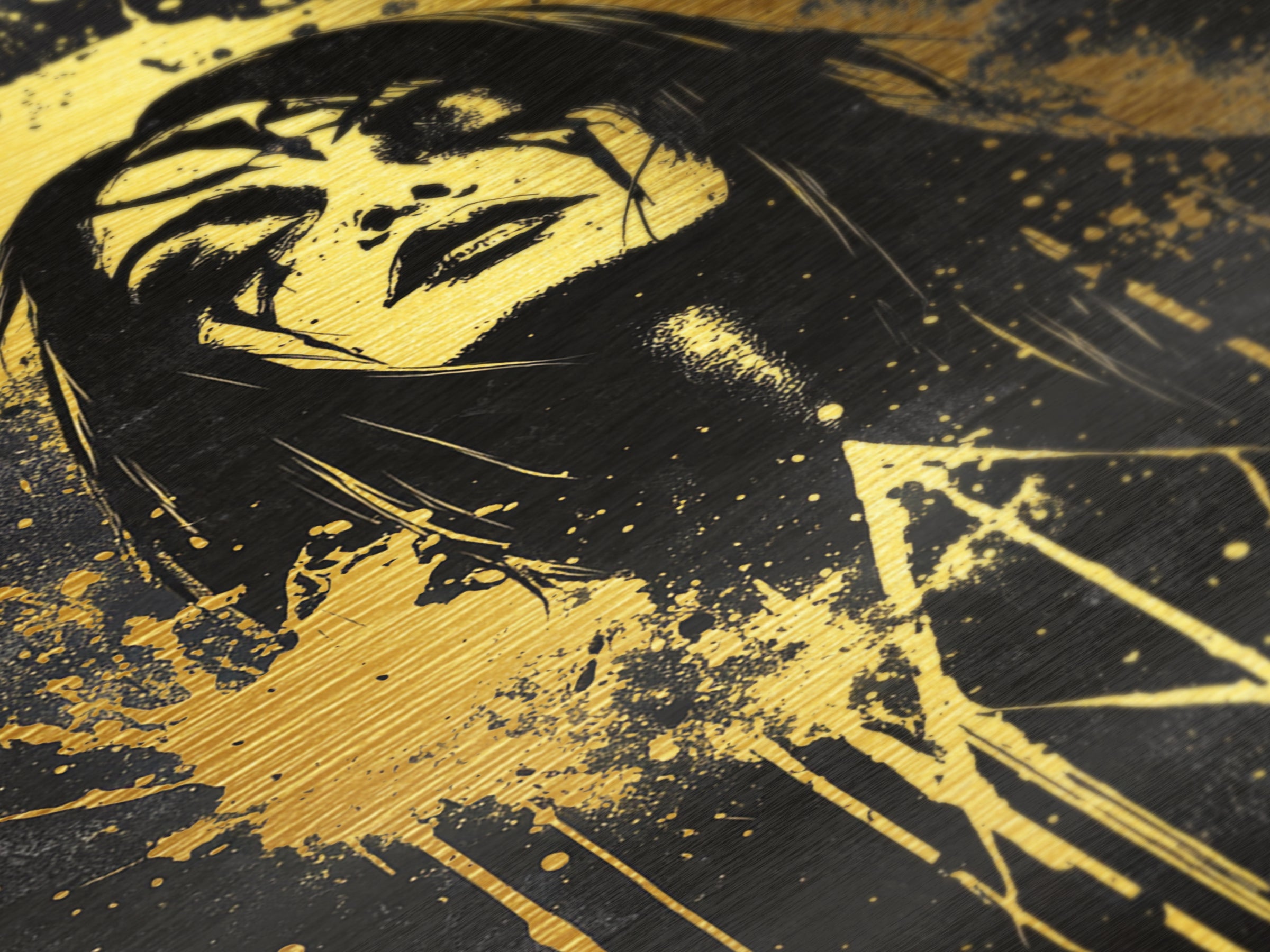 Haunted Sorceress Portrait Metal Art – Metallic Gold Art Halloween Wall Hanging, Gothic Style, Mounted in Natural Wood Frame