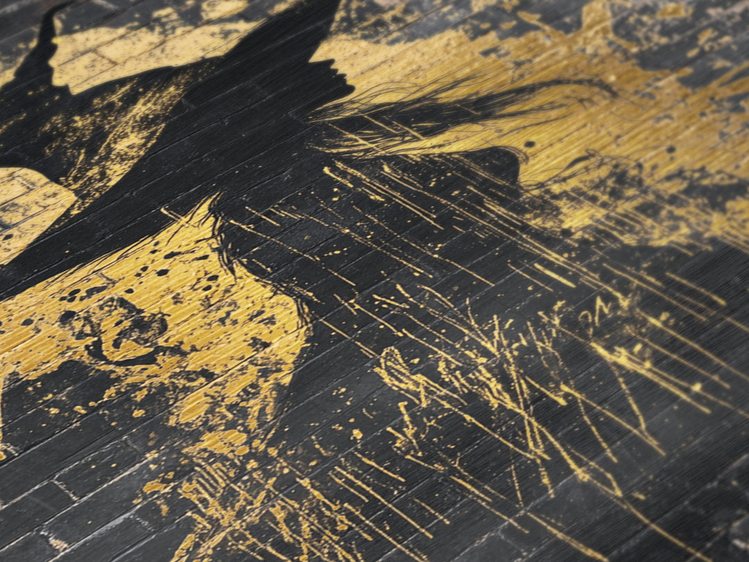 Witch Graffiti Metallic Gold Art | Spooky Halloween Street Style Wall Decor | Metal Art in Real Wood Frame