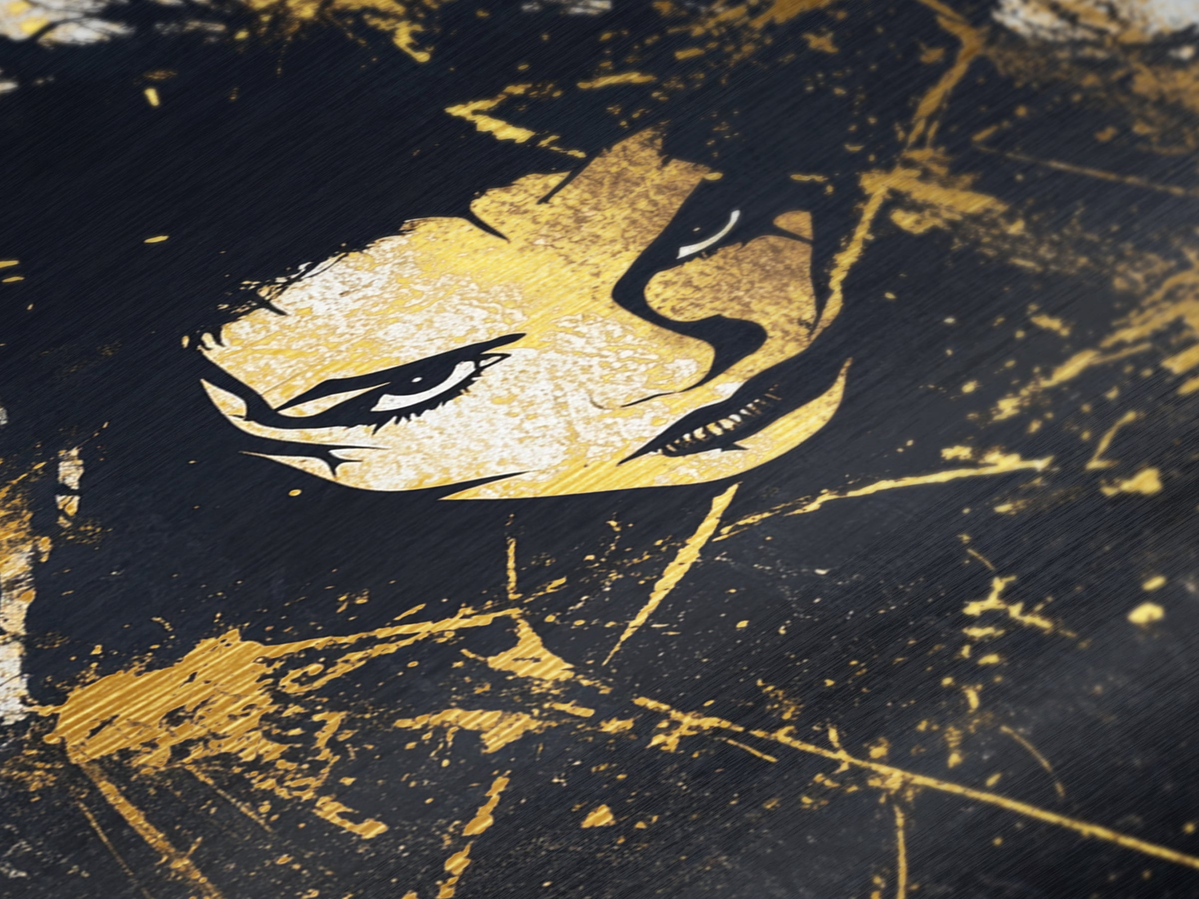Haunted Graffiti Face Metallic Gold Art, Gothic Halloween Wall Decor, Horror Metal Art Portrait in Natural Wood Frame