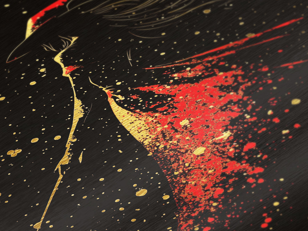 Red Cloaked Witch Metallic Gold Art Metal Art | Creepy Gothic Halloween Wall Decor | Spooky Sorceress Artwork with Wood Frame