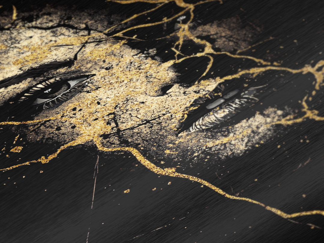 Cracked Face Metallic Gold Art Gothic Halloween Portrait, Haunted Metal Art Creepy Wall Decor, Spooky Season Style With Wood Frame