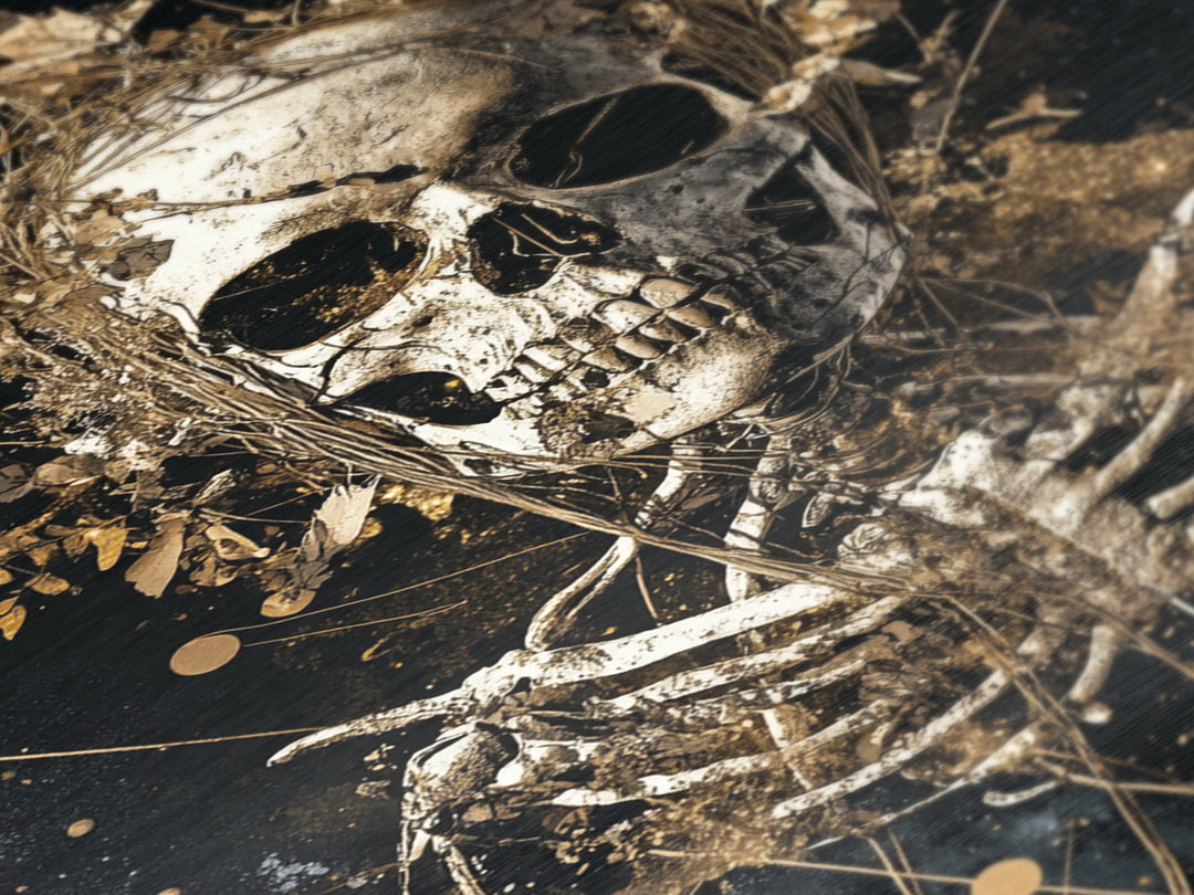 Skeleton Skull with Flowers Metallic Gold Art Metal Art Gothic Halloween Wall Decor Spooky Skeleton Illustration in Real Wood Frame