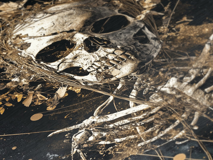 Skeleton Skull with Flowers Metallic Gold Art Metal Art Gothic Halloween Wall Decor Spooky Skeleton Illustration in Real Wood Frame