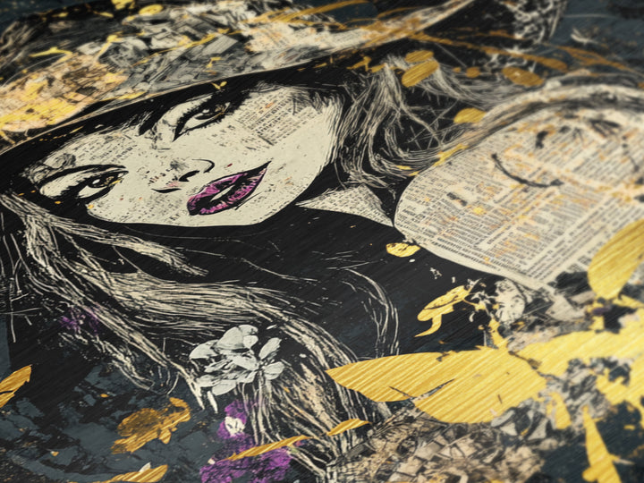 Witch Hat Woman Portrait Metallic Gold Art Metal Art Halloween Wall Decor Spooky Gothic Witchy Illustration in Real Wood Frame