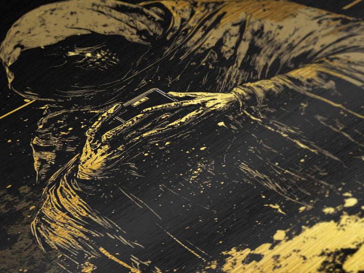 Gothic Skeleton Reaper Metallic Gold Art, Creepy Hooded Death Metal Art, Haunted Halloween Horror Decor with Real Wood Framing