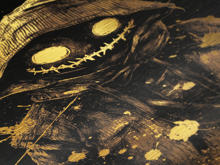 Creepy Smiling Hooded Monster Metallic Gold Art, Horror Grinning Demon Metal Art, Gothic Halloween Wall Hanging with Wood Frame