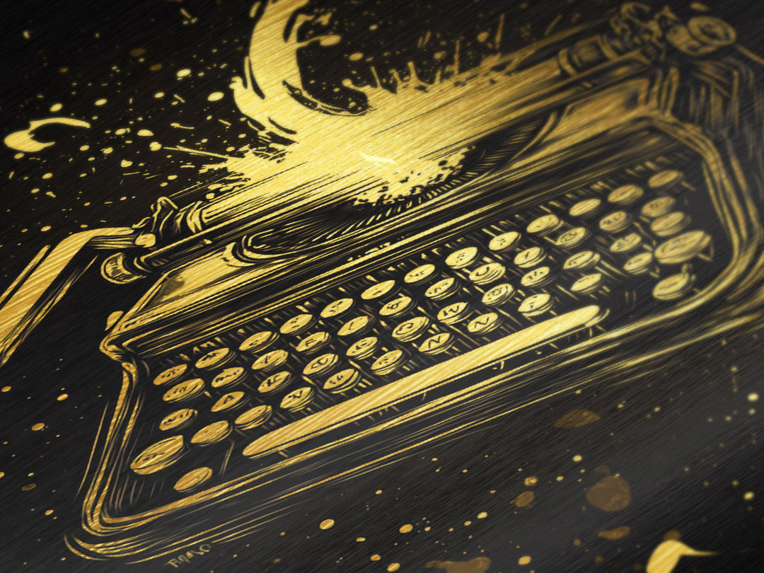 Haunted Typewriter Metallic Gold Art, Spooky Season Metal Art Print with Splatter Design, Framed in Natural Real Wood