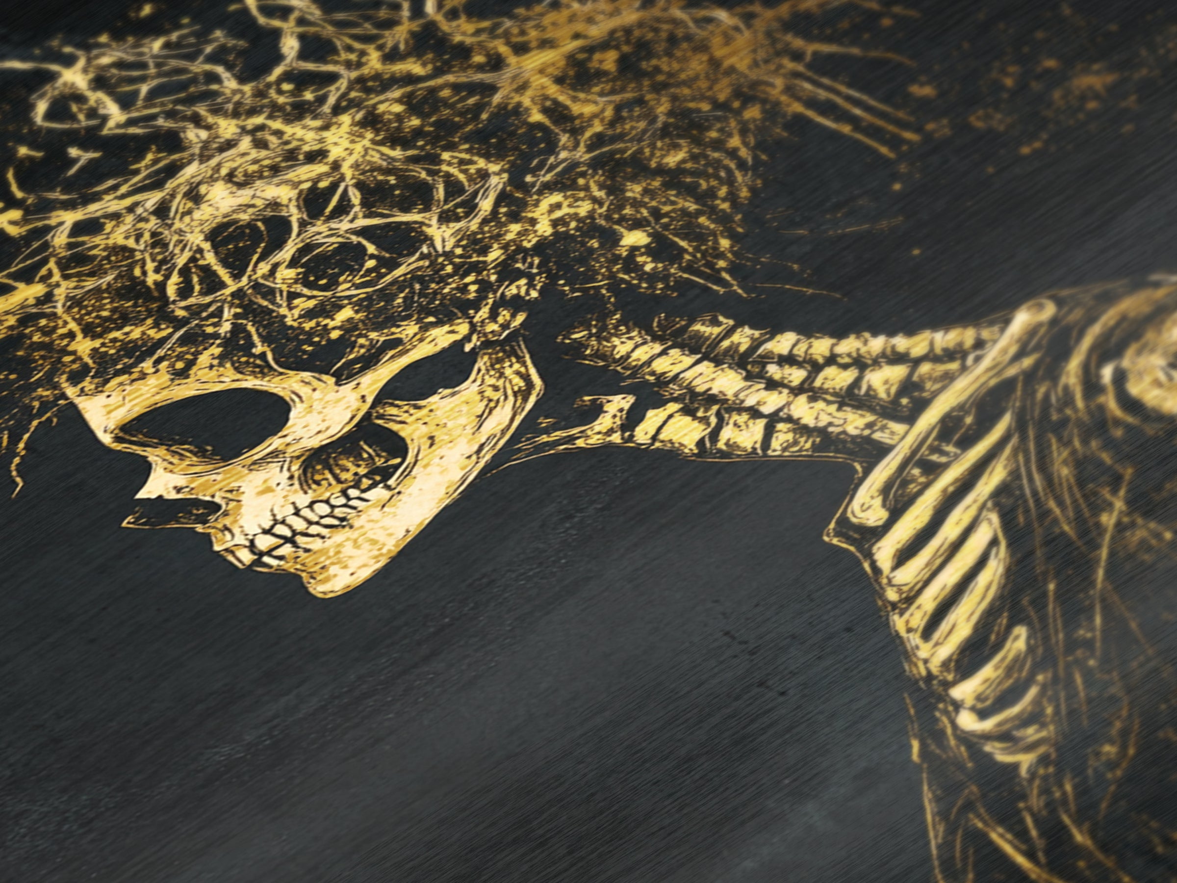 Creepy Skeleton Skull Burst Metallic Gold Art, Gothic Halloween Horror Metal Art Print with Natural Wood Framing