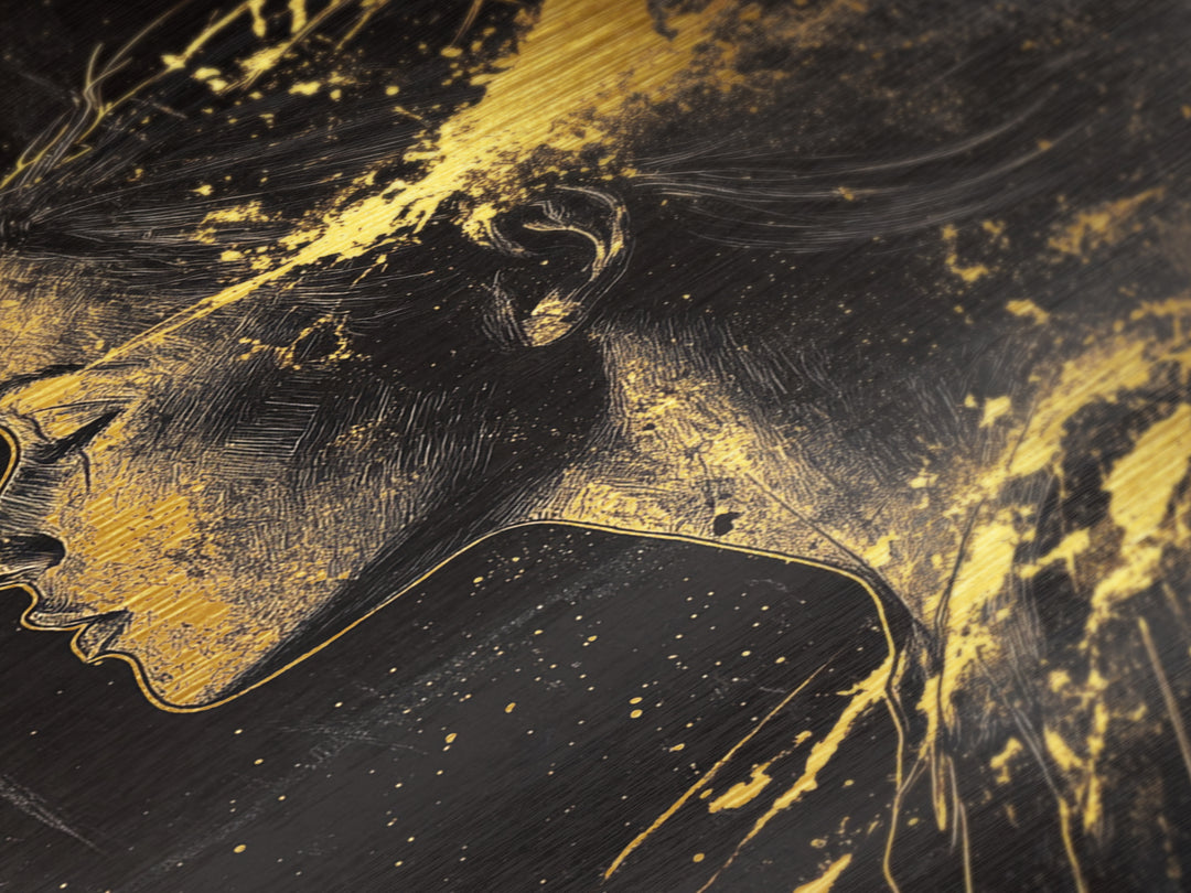 Haunted Spirit Silhouette Metal Art, Metallic Gold Art Profile Portrait with Spooky Splatter Style, Real Wood Frame Decor