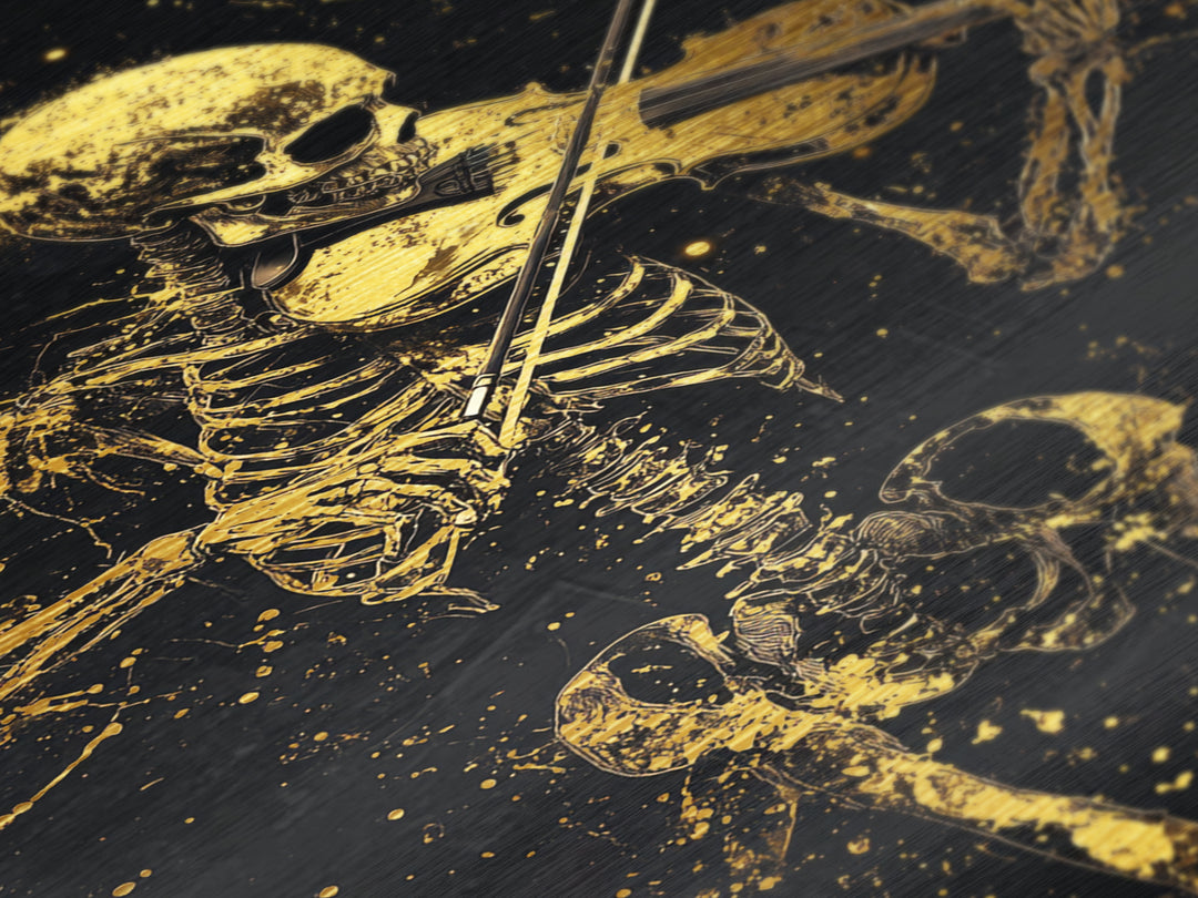 Skeleton Violinist Metallic Gold Art, Spooky Halloween Music-Inspired Metal Art Print Framed in Natural Real Wood