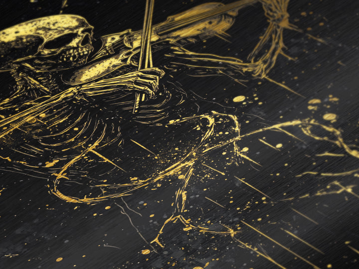 Haunted Skeleton Playing Violin Metallic Gold Art | Gothic Horror Metal Art Framed in Natural Real Wood for Spooky Halloween Decor