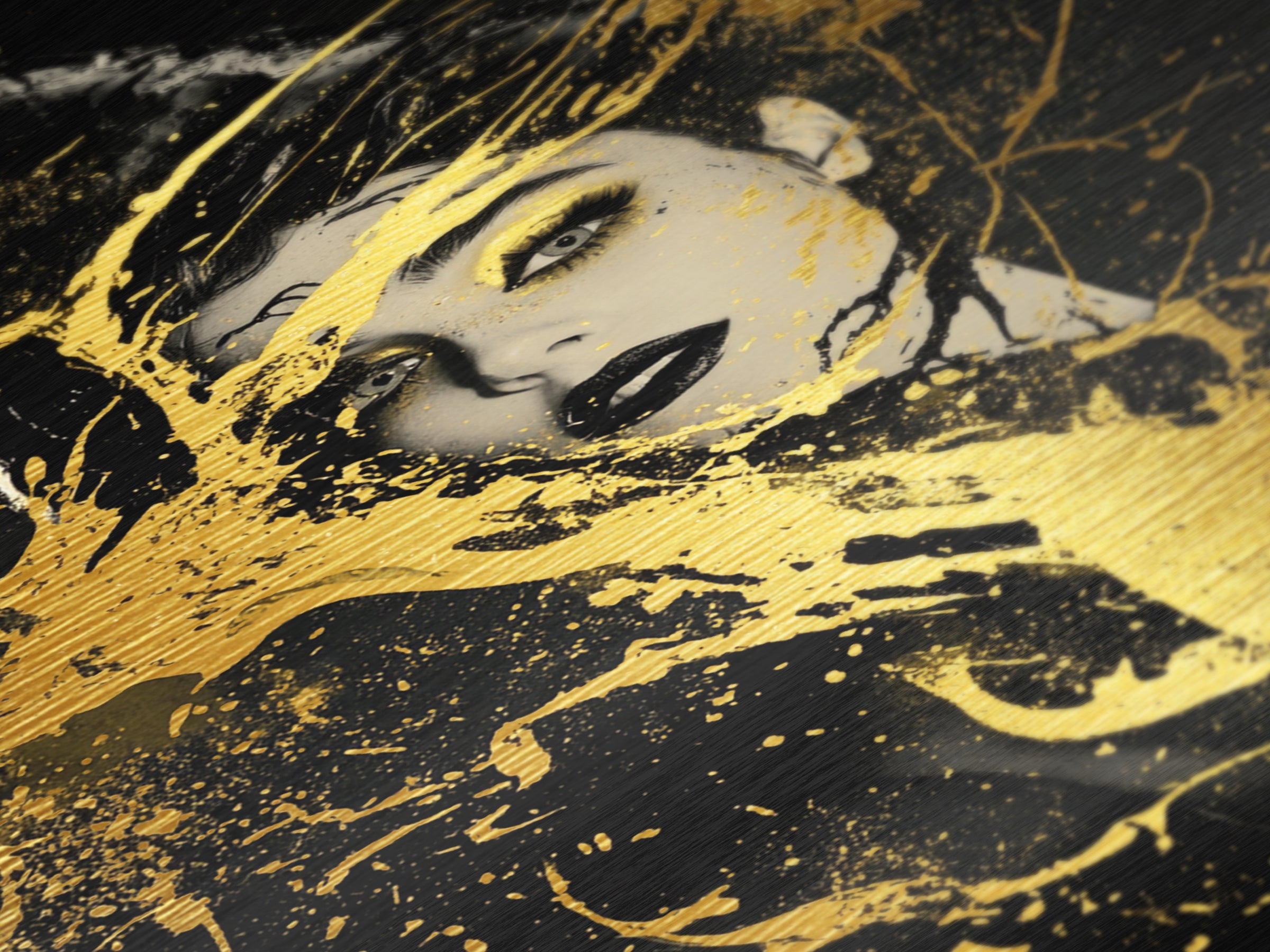Mystical Face in Gold Splatter Metallic Gold Art | Haunted Gothic Metal Art with Real Wood Frame for Spooky Season Halloween Wall Decor