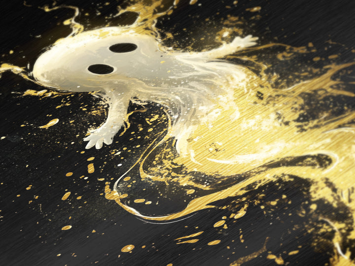 Cute Ghost Floating in Gold Splatter – Metallic Gold Art, Halloween Metal Art Print with Real Wood Frame, Whimsical Spooky Decor