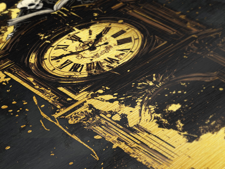 Haunted Grandfather Clock Metallic Gold Art Metal Art Gothic Halloween Decor Framed in Natural Real Wood for Spooky Home