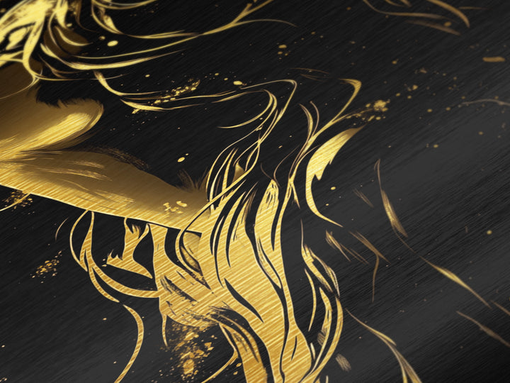 Gold Line Art Witch in Wind – Metallic Gold Art, Halloween Metal Art Print with Real Wood Frame, Stylish Spooky Season Decor