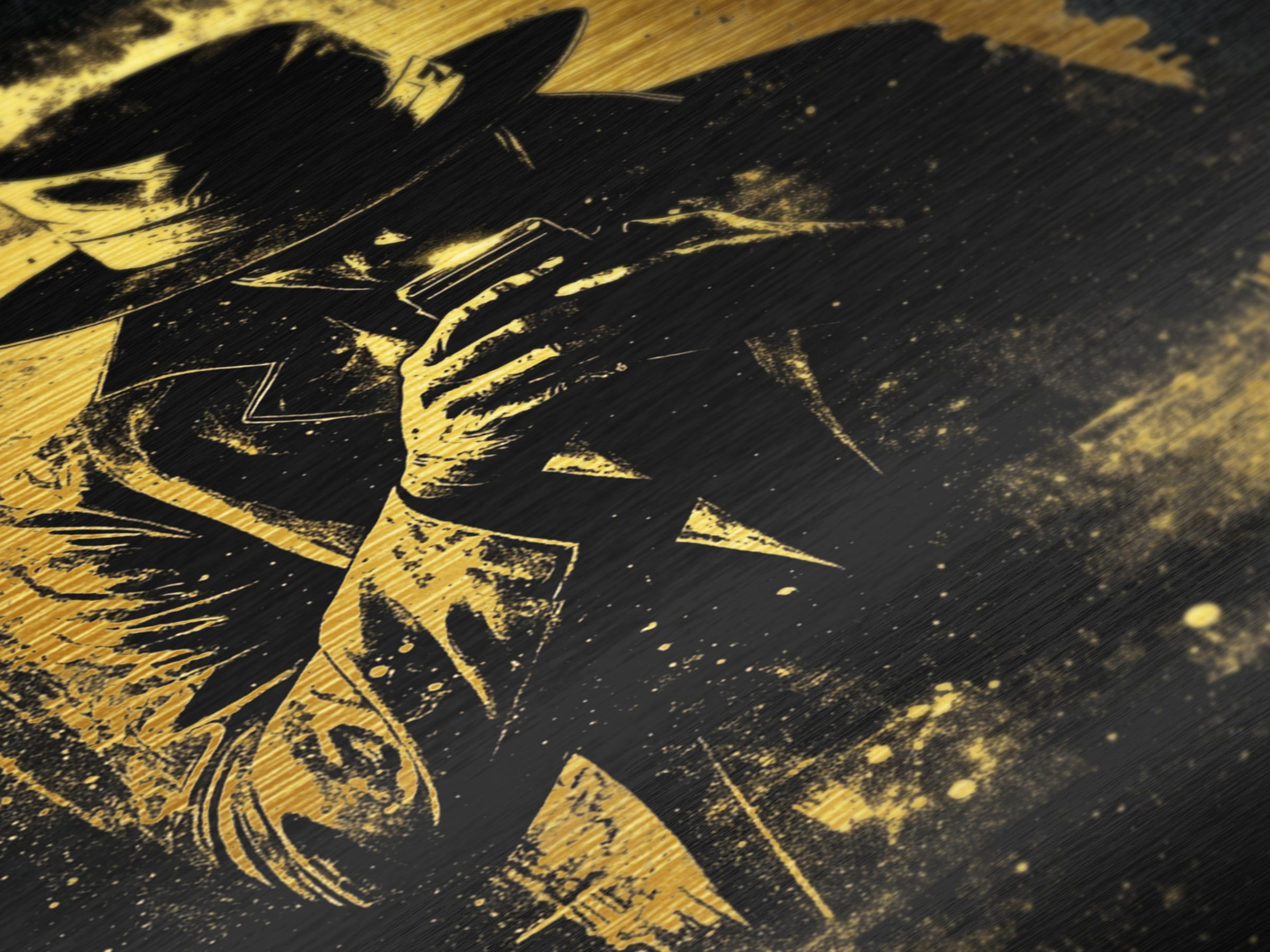 Creepy Hooded Detective Metallic Gold Art Metal Art, Haunted Noir Gothic Wall Art Halloween Style in Real Wood Frame