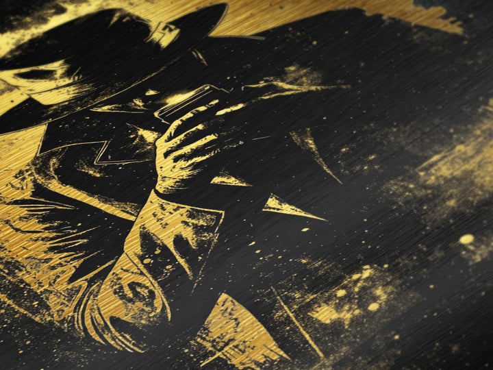 Creepy Hooded Detective Metallic Gold Art Metal Art, Haunted Noir Gothic Wall Art Halloween Style in Real Wood Frame
