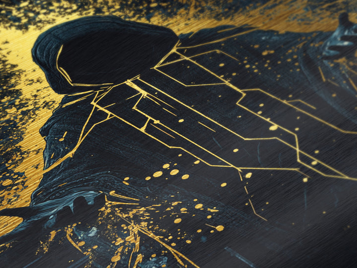 Hooded Cyber Mage Metallic Gold Art Metal Art, Futuristic Spooky Halloween Gothic Wall Art Framed in Solid Wood