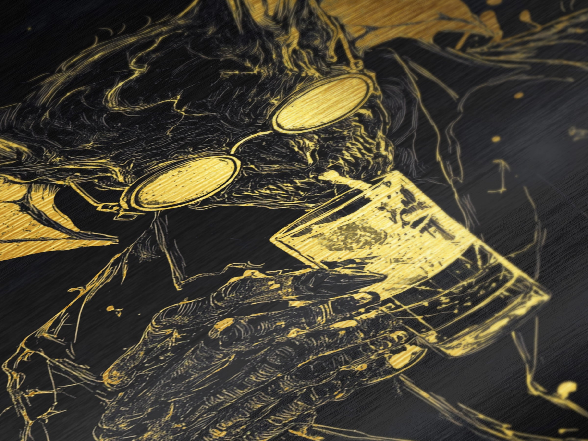 Gold Splatter Demon with Drink – Metallic Gold Art, Halloween Horror Metal Art in Real Wood Frame, Gothic Vampire Wall Print