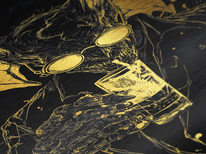 Gold Splatter Demon with Drink – Metallic Gold Art, Halloween Horror Metal Art in Real Wood Frame, Gothic Vampire Wall Print