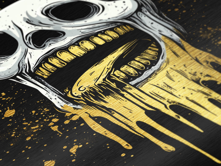Melting Skull Horror Metallic Gold Art Metal Art Gothic Halloween Creepy Wall Hanging in rustic real wood frame spooky décor