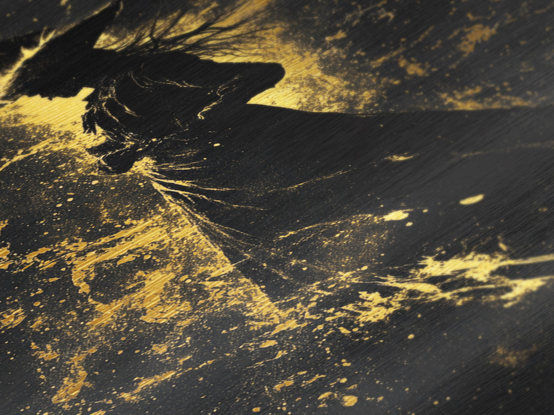 Elegant Witch Silhouette in Gold Explosion – Metallic Gold Art, Halloween Metal Art with Real Wood Frame, Spooky Sorceress Decor