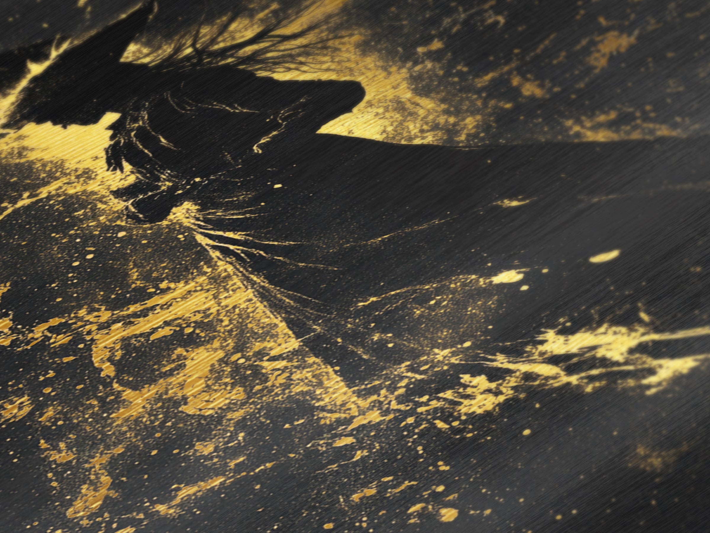 Elegant Witch Silhouette in Gold Explosion – Metallic Gold Art, Halloween Metal Art with Real Wood Frame, Spooky Sorceress Decor