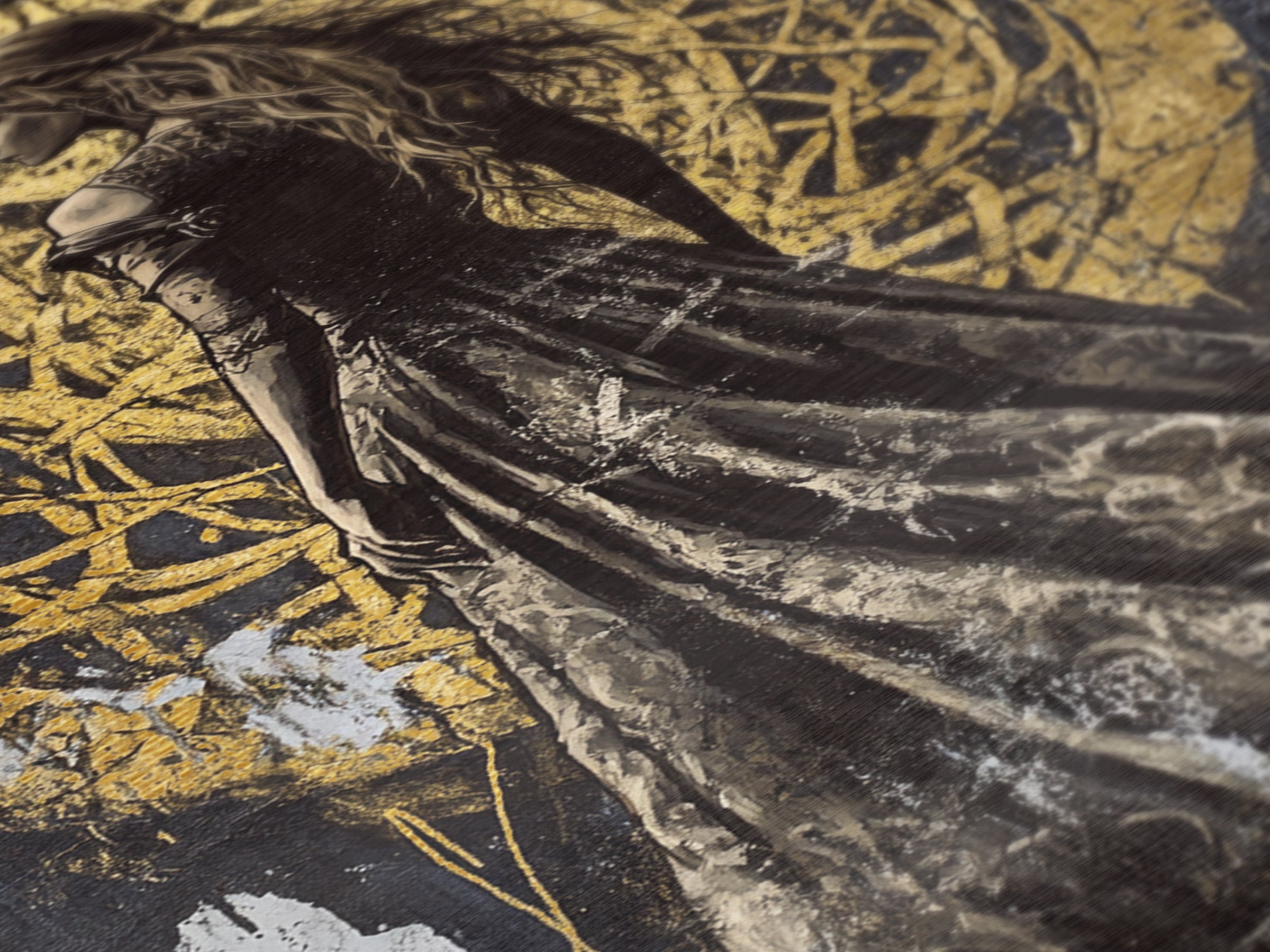 Dark Enchantress Metallic Gold Art, Gothic Halloween Metal Art Wall Hanging, Witchy Painting in Solid Wood Frame