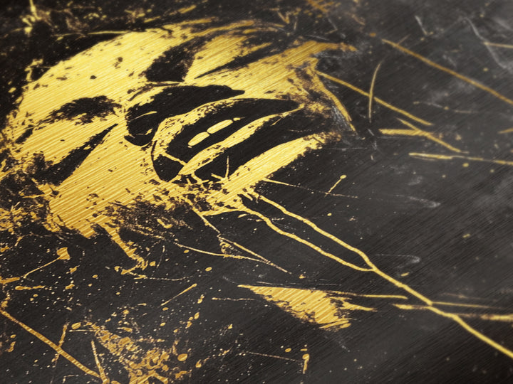 Golden Spirit Face Metallic Gold Art Metal Art | Horror Inspired Gothic Halloween Portrait in a Handcrafted Wood Frame