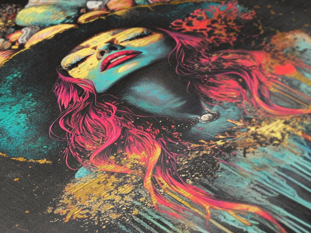 Witchy Woman Metallic Gold Art Metal Art | Psychedelic Spooky Season Portrait Wall Décor in Handcrafted Real Wood Frame