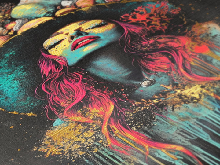 Witchy Woman Metallic Gold Art Metal Art | Psychedelic Spooky Season Portrait Wall Décor in Handcrafted Real Wood Frame