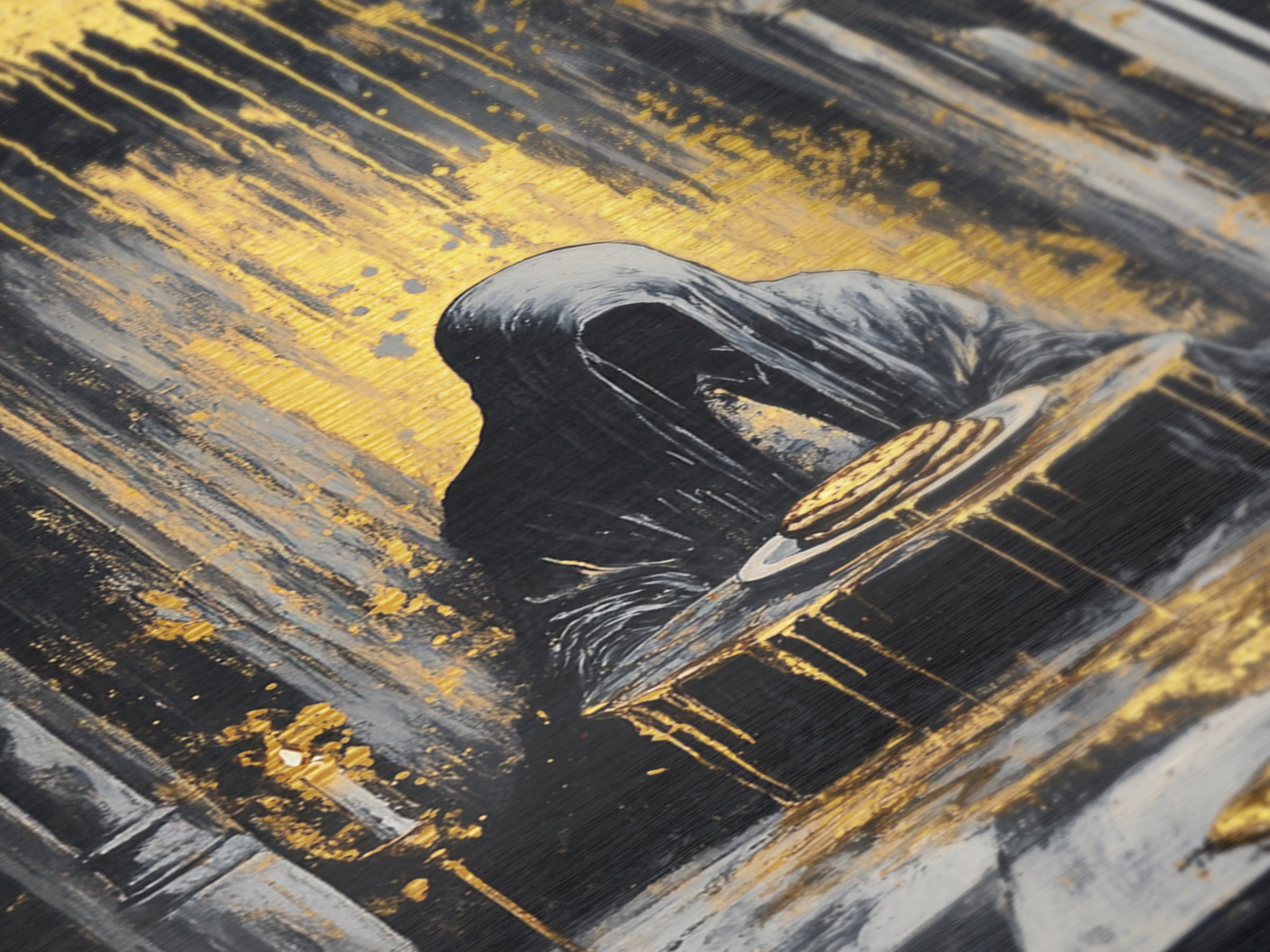 Haunted Cloaked Figure Metallic Gold Art Metal Art | Gothic Halloween Wall Décor With Pancakes | Spooky Horror Painting Framed In Wood