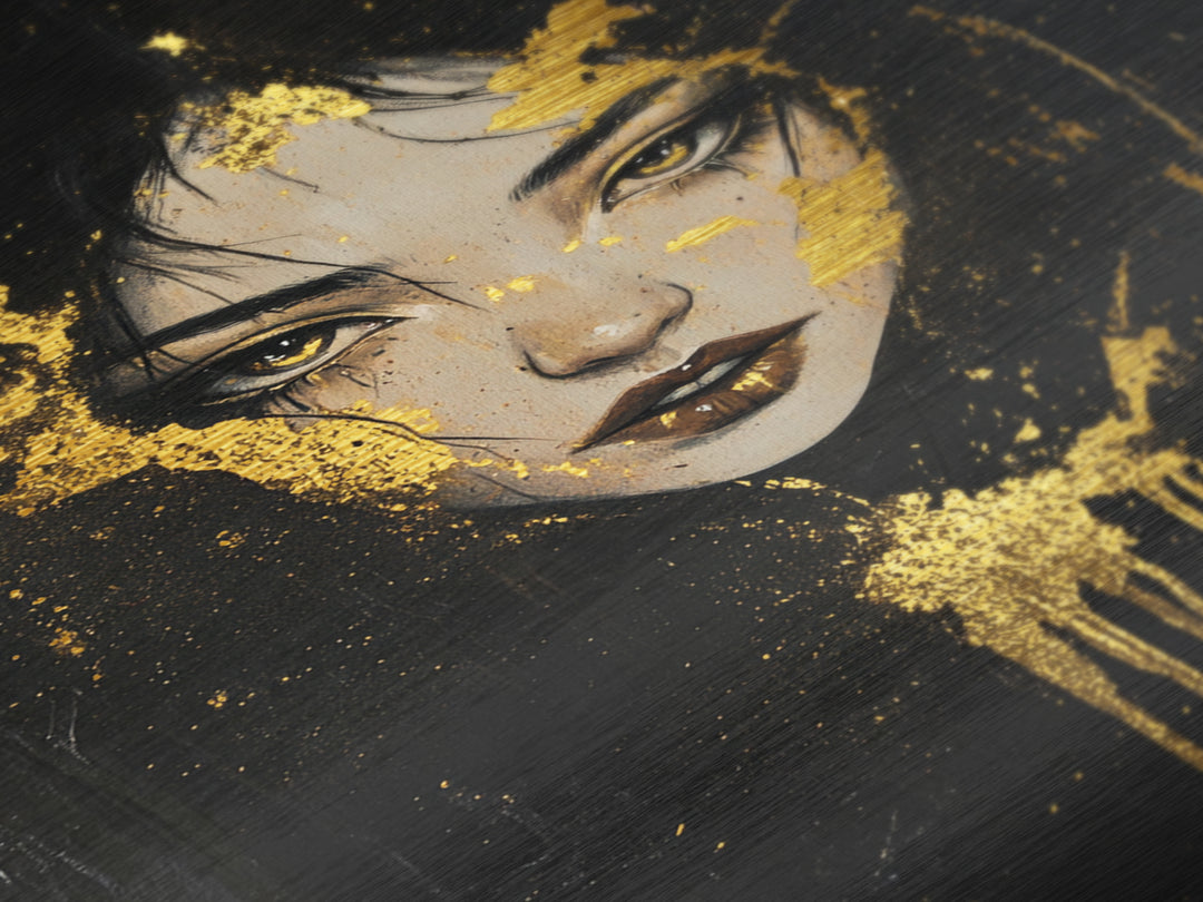 Eerie Witch Portrait Metallic Gold Art Metal Art, Spooky Halloween Wall Hanging with Real Wood Frame, Gothic Haunted Home Decor