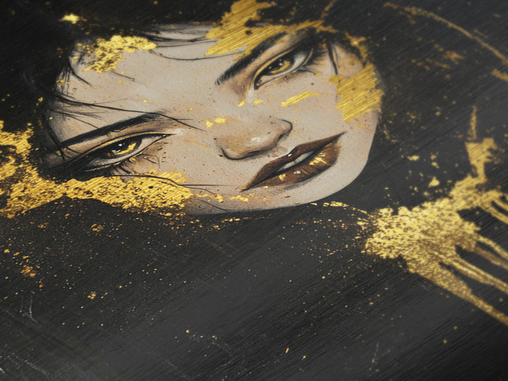 Eerie Witch Portrait Metallic Gold Art Metal Art, Spooky Halloween Wall Hanging with Real Wood Frame, Gothic Haunted Home Decor