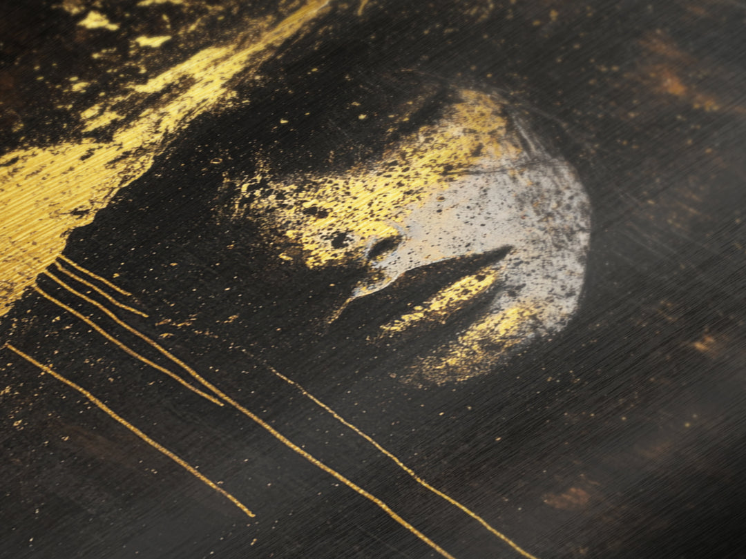 Haunted Metallic Gold Art Face Portrait | Gothic Horror Metal Art Spooky Wall Decor | Framed In Natural Real Wood