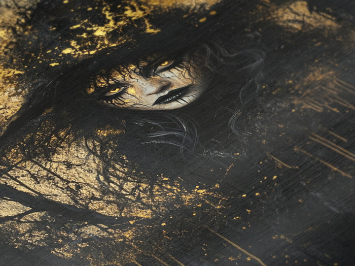Witchy Woman With Glowing Eyes | Gothic Metallic Gold Art And Spooky Metal Art | Halloween Wall Decor Framed In Real Wood