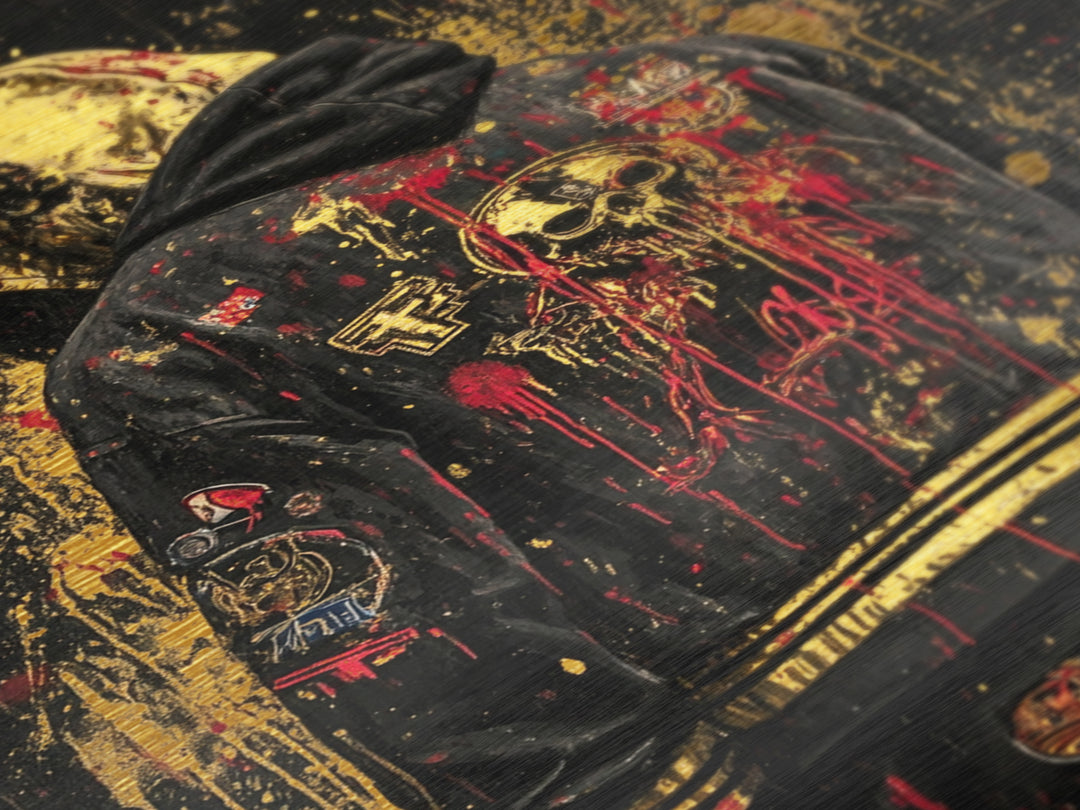 Skull Hooded Jacket Street Style Metallic Gold Art | Creepy Gothic Horror Metal Art | Halloween Wall Decor In Real Wood Frame
