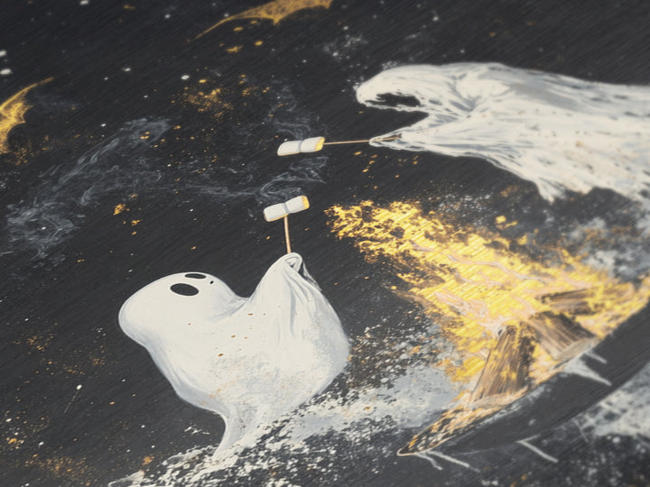 Ghosts Roasting Marshmallows Metallic Gold Art, Spooky Metal Art Halloween Wall Decor with Real Wood Frame, Haunted Firepit Scene