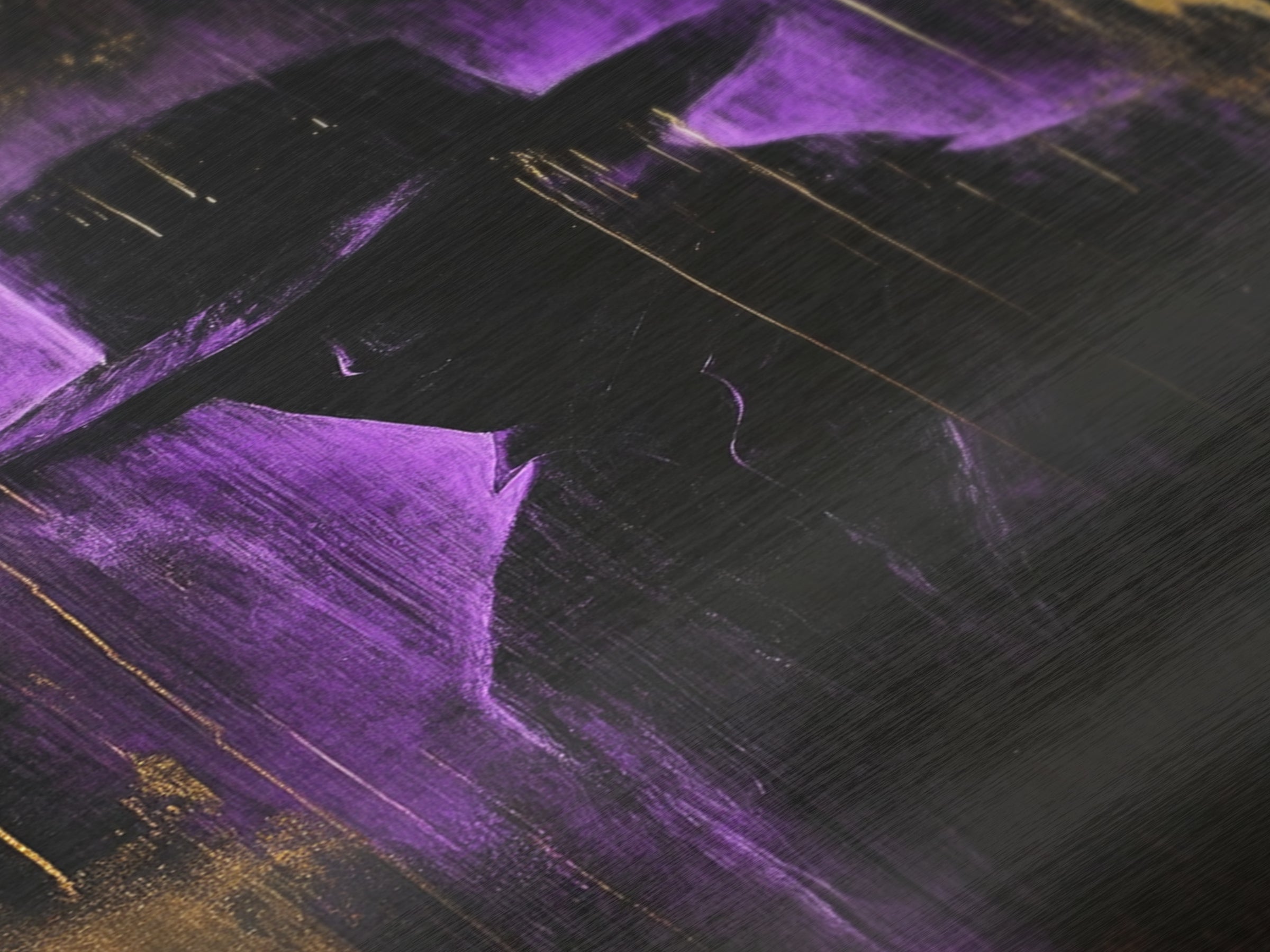 Mysterious Dark Stranger Metallic Gold Art, Gothic Metal Art Purple and Gold Halloween Shadow Silhouette Framed with Natural Wood