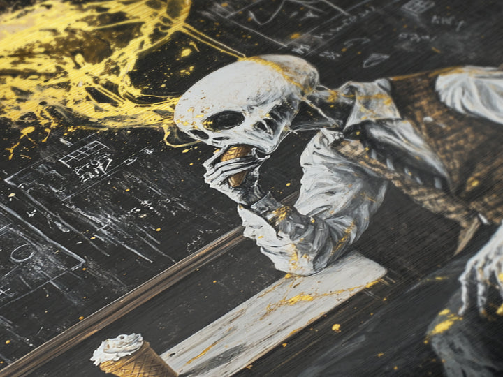 Skeleton Eating Ice Cream Metallic Gold Art, Quirky Metal Art Creepy Halloween Wall Decor Framed in Real Wood for Spooky Season